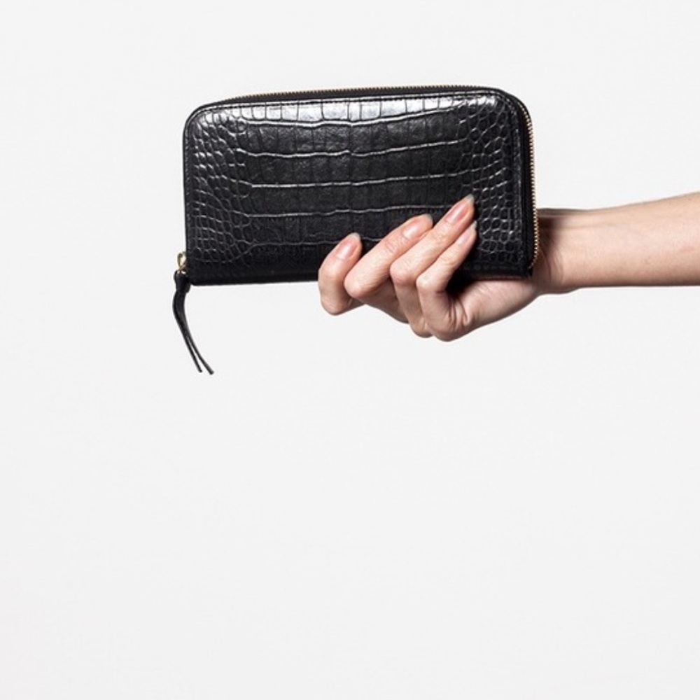 Clare V Black Croc Zip-Around Wallet with Gold Zipper